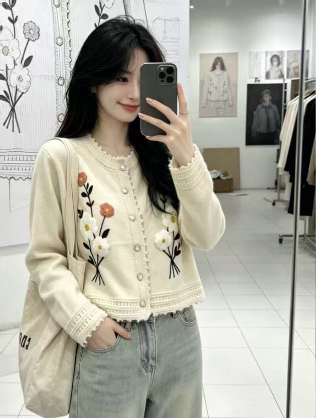 수공 자수 부드러운 바람 부드러운 찹쌀 니트 오픈 가디건 여성 봄 가을 외출용 루즈핏 느긋한 연령 감소 다용도 스웨터 코트 이미지 2