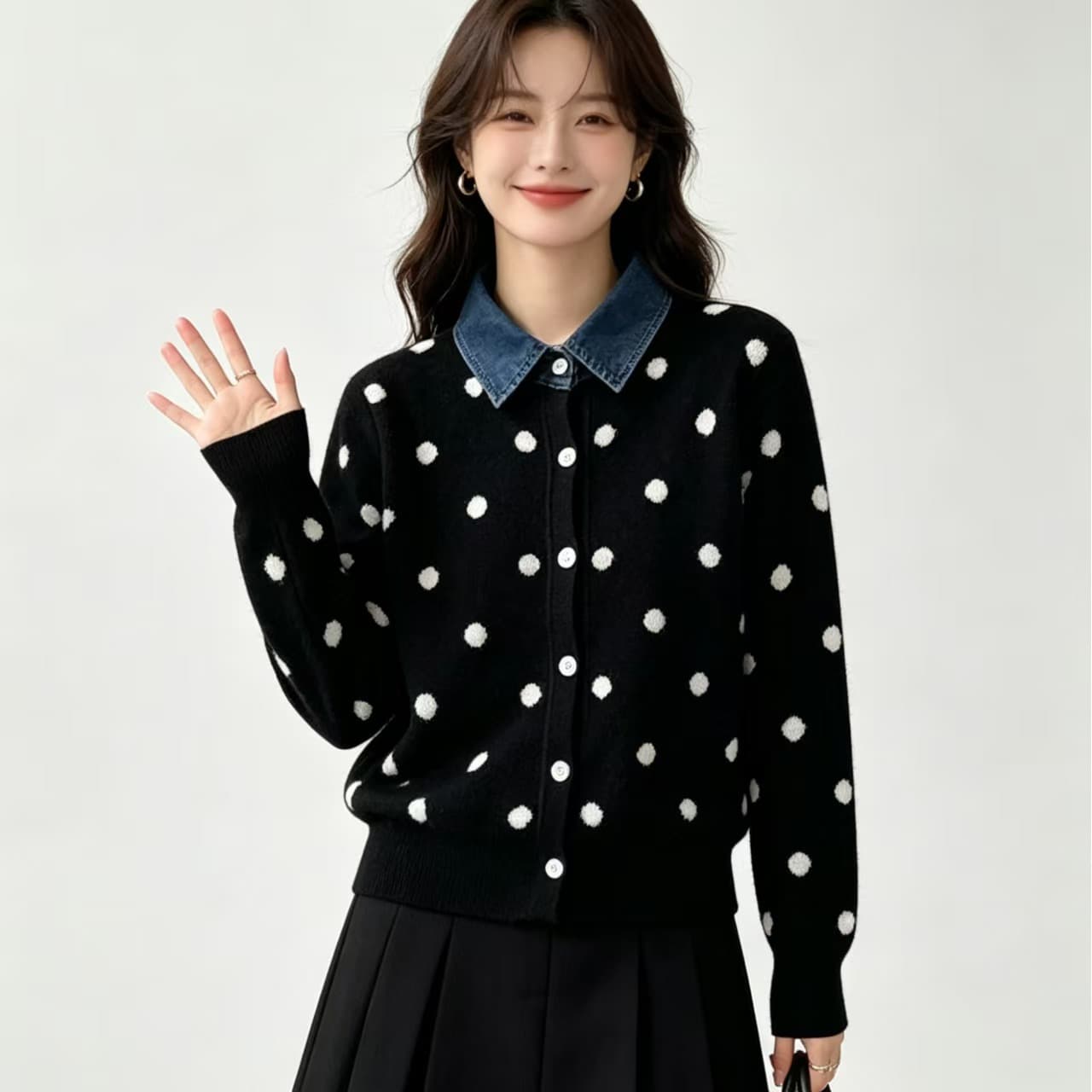 프랑스식 도트 무늬 페이크 레이어드 데님 패치워크 POLO 칼라 니트 스웨터 부드러운 찹쌀 연령 감소 스웨터 코트 가을 겨울철 새로운 이미지 2