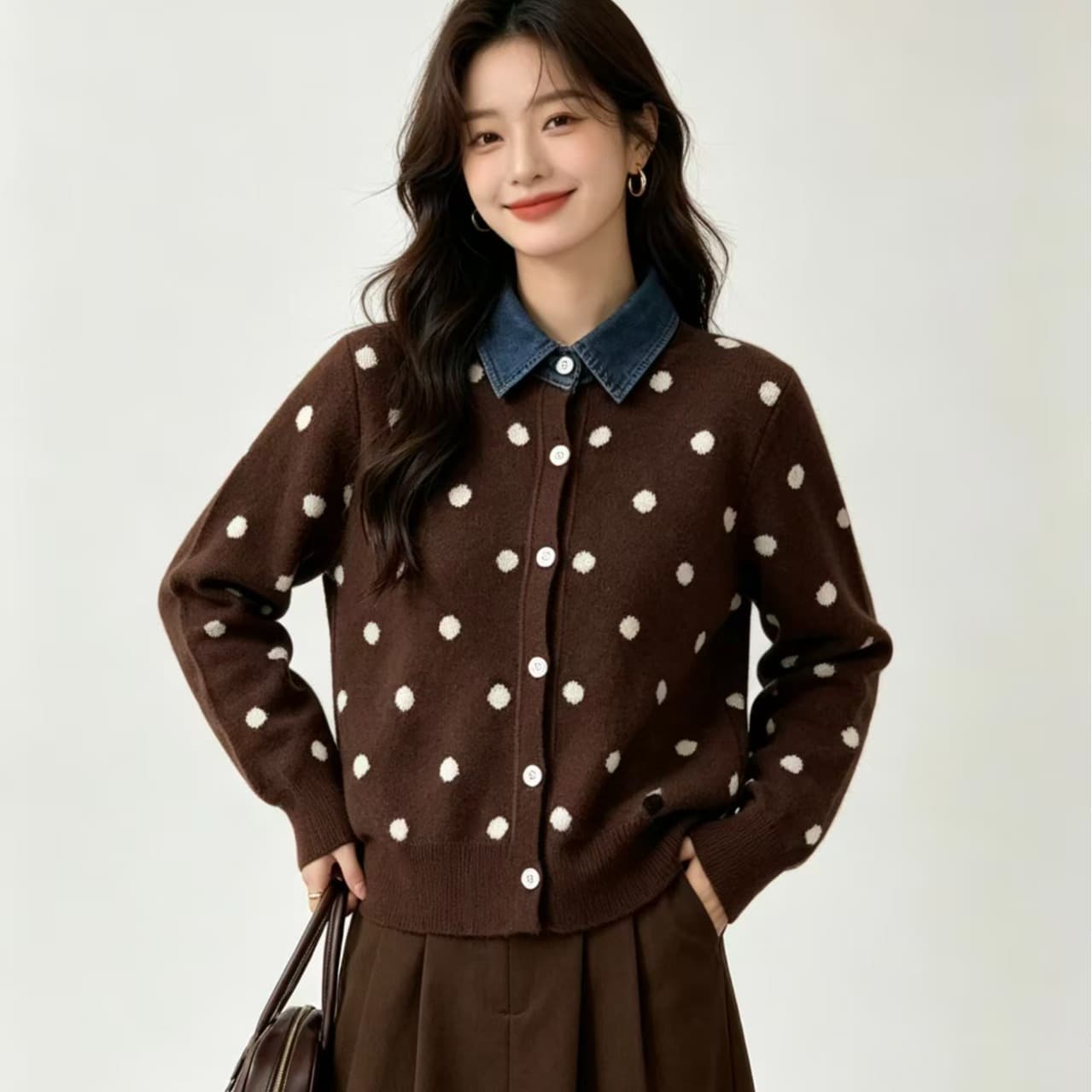프랑스식 도트 무늬 페이크 레이어드 데님 패치워크 POLO 칼라 니트 스웨터 부드러운 찹쌀 연령 감소 스웨터 코트 가을 겨울철 새로운