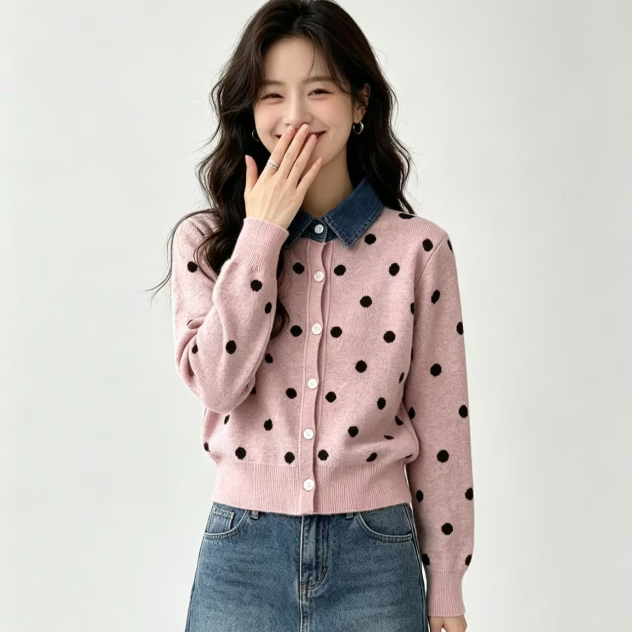 프랑스식 도트 무늬 페이크 레이어드 데님 패치워크 POLO 칼라 니트 스웨터 부드러운 찹쌀 연령 감소 스웨터 코트 가을 겨울철 새로운 이미지 4