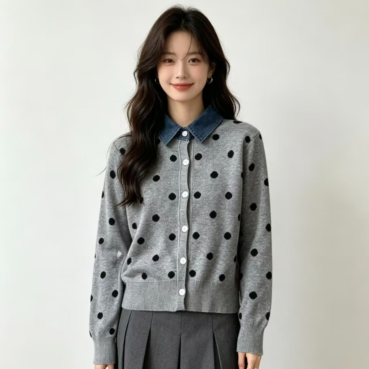 프랑스식 도트 무늬 페이크 레이어드 데님 패치워크 POLO 칼라 니트 스웨터 부드러운 찹쌀 연령 감소 스웨터 코트 가을 겨울철 새로운 이미지 5