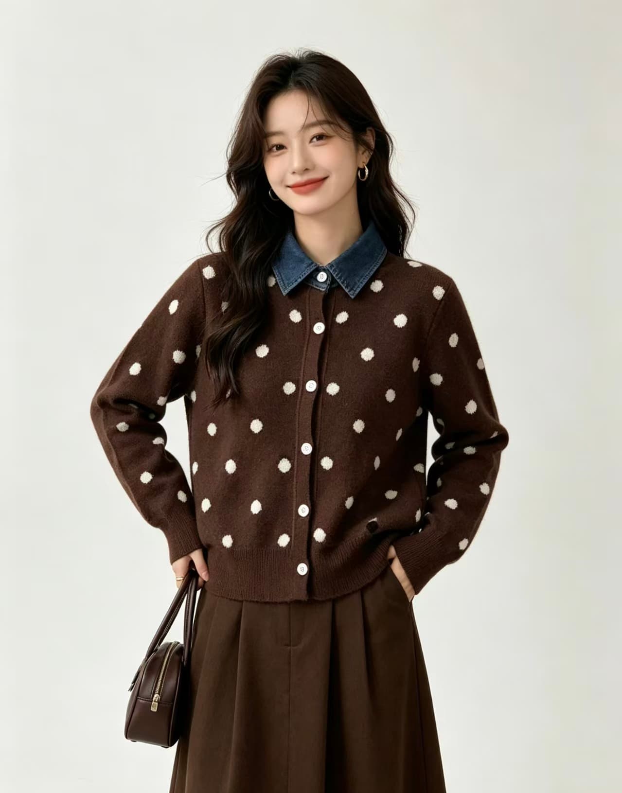 프랑스식 도트 무늬 페이크 레이어드 데님 패치워크 POLO 칼라 니트 스웨터 부드러운 찹쌀 연령 감소 스웨터 코트 가을 겨울철 새로운 상세 이미지 1
