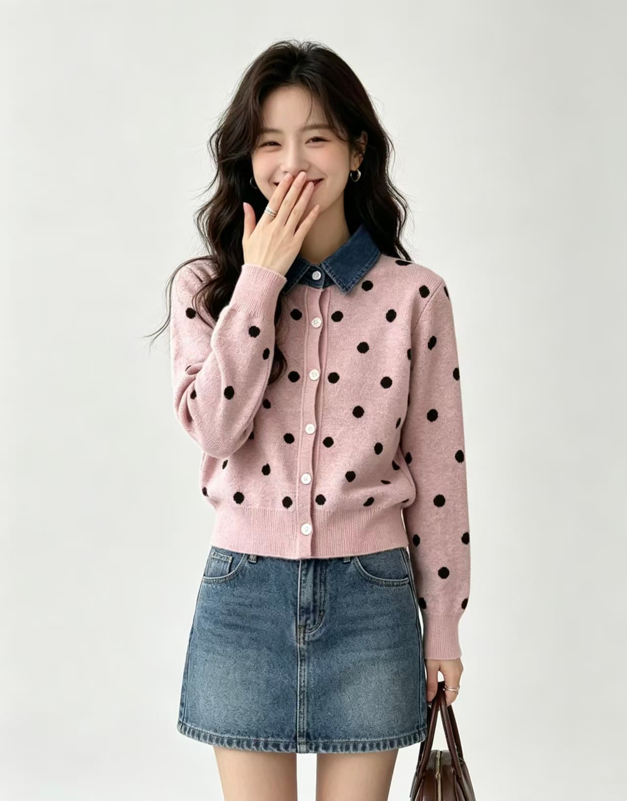 프랑스식 도트 무늬 페이크 레이어드 데님 패치워크 POLO 칼라 니트 스웨터 부드러운 찹쌀 연령 감소 스웨터 코트 가을 겨울철 새로운 상세 이미지 2
