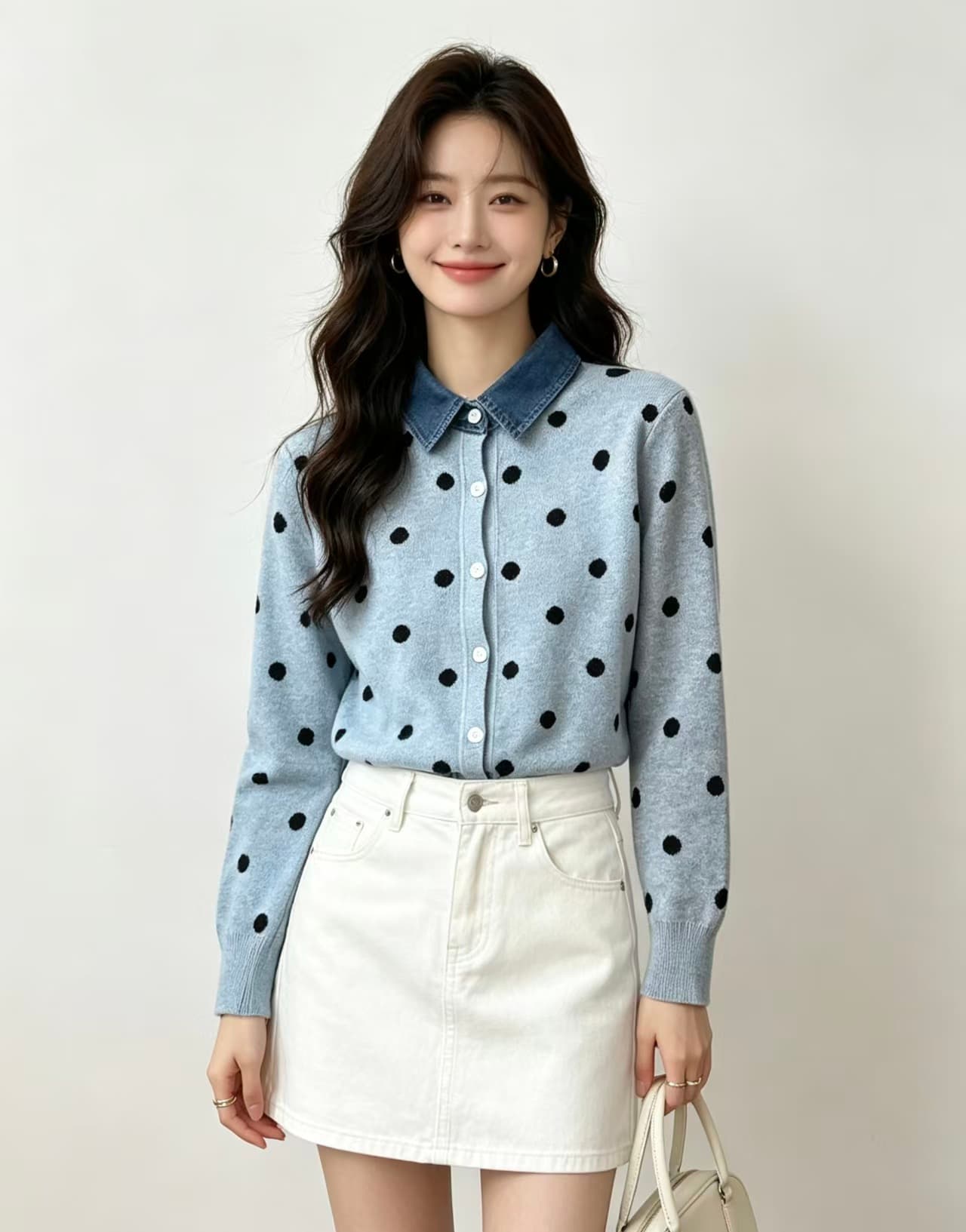 프랑스식 도트 무늬 페이크 레이어드 데님 패치워크 POLO 칼라 니트 스웨터 부드러운 찹쌀 연령 감소 스웨터 코트 가을 겨울철 새로운 상세 이미지 4