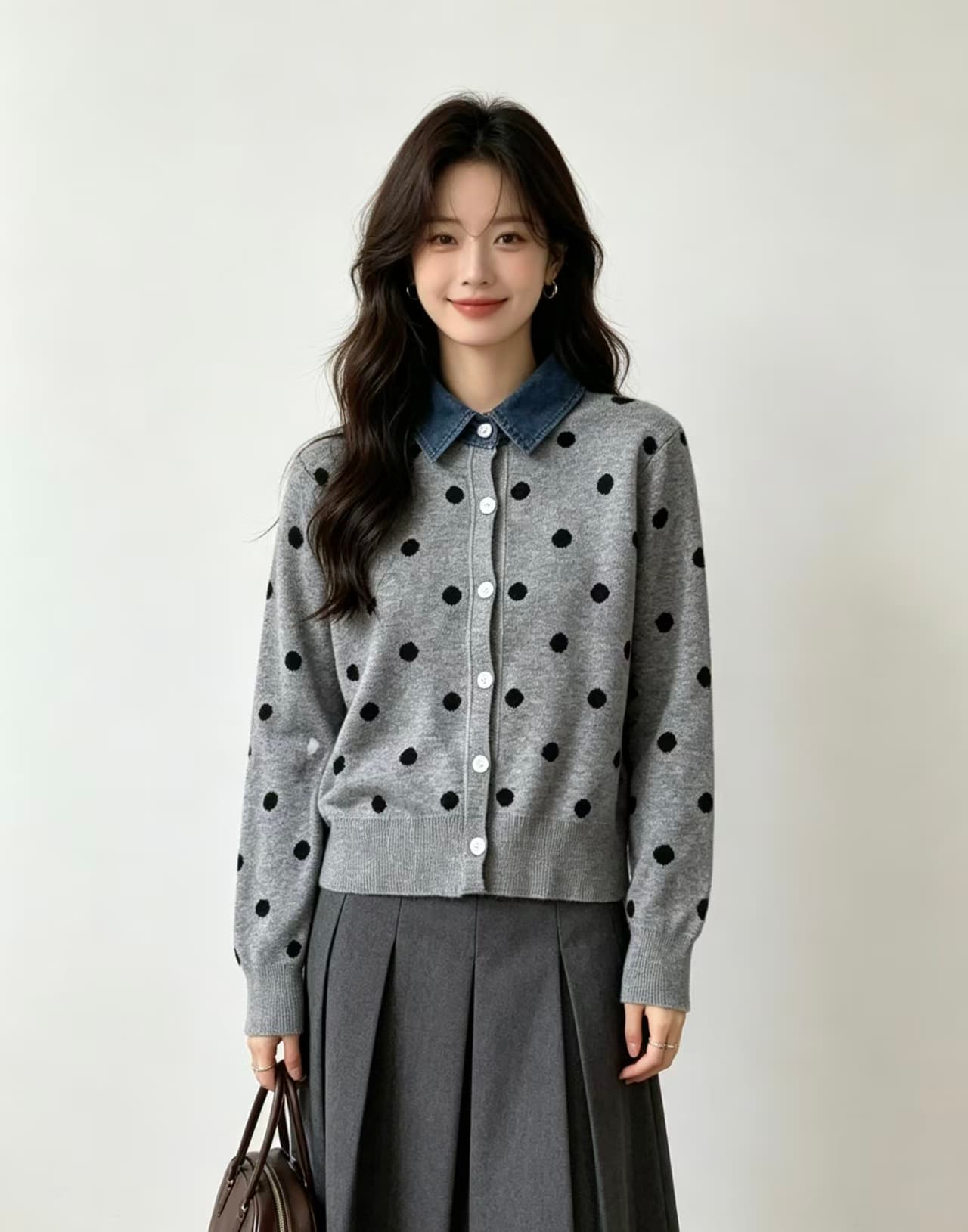 프랑스식 도트 무늬 페이크 레이어드 데님 패치워크 POLO 칼라 니트 스웨터 부드러운 찹쌀 연령 감소 스웨터 코트 가을 겨울철 새로운 상세 이미지 5