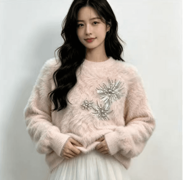 2026 이른 가을 새로운 한국 스타일 고급 센스 비즈 박기 모방 수달 털 라운드 넥 스웨터 몸매 가꾸기 슬림해 보이는 작은 대중 맨위 여성