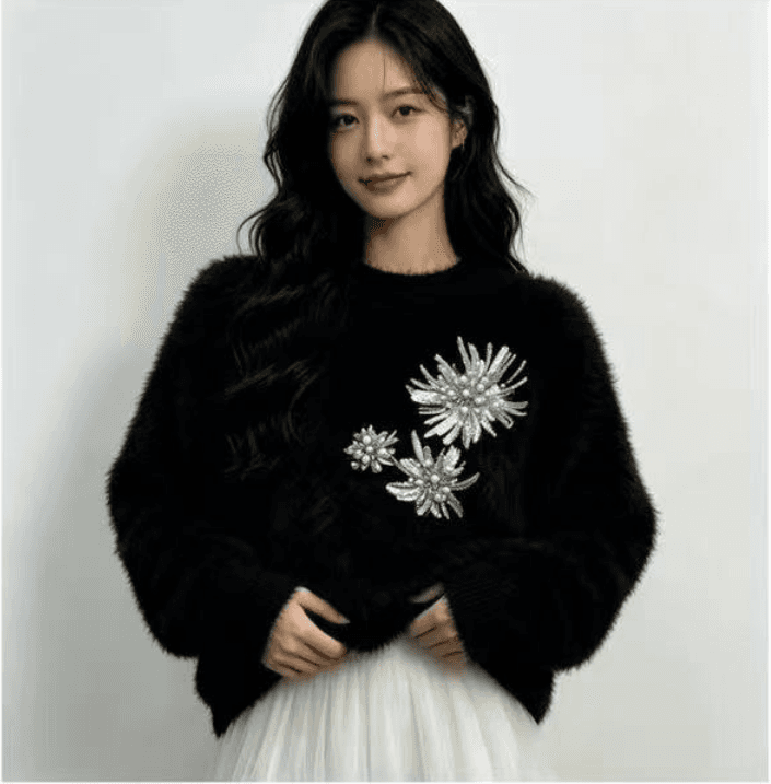 2026 이른 가을 새로운 한국 스타일 고급 센스 비즈 박기 모방 수달 털 라운드 넥 스웨터 몸매 가꾸기 슬림해 보이는 작은 대중 맨위 여성 상세 이미지 1