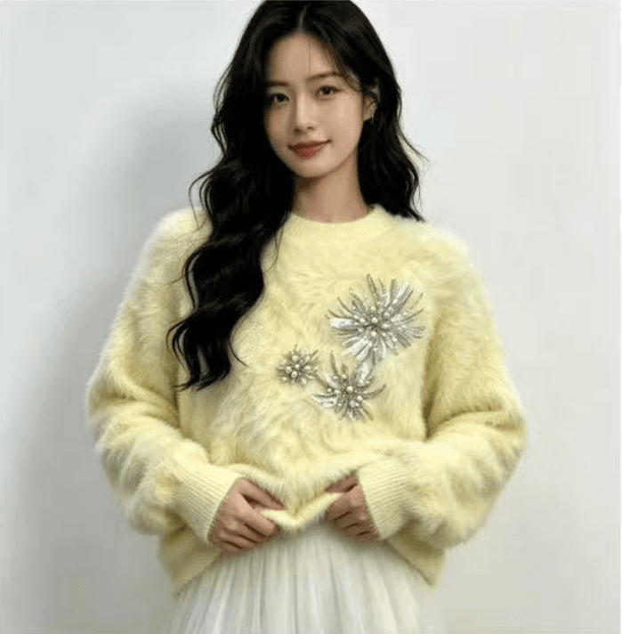 2026 이른 가을 새로운 한국 스타일 고급 센스 비즈 박기 모방 수달 털 라운드 넥 스웨터 몸매 가꾸기 슬림해 보이는 작은 대중 맨위 여성 상세 이미지 2