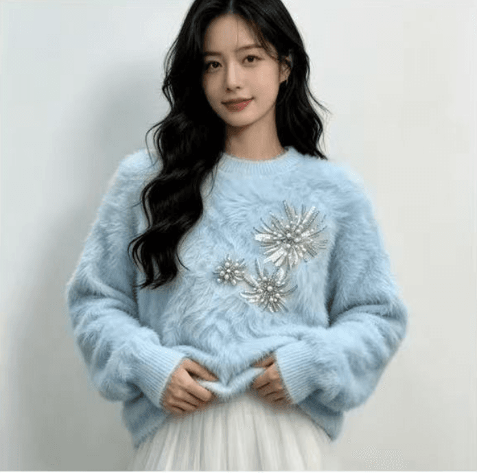 2026 이른 가을 새로운 한국 스타일 고급 센스 비즈 박기 모방 수달 털 라운드 넥 스웨터 몸매 가꾸기 슬림해 보이는 작은 대중 맨위 여성 상세 이미지 4