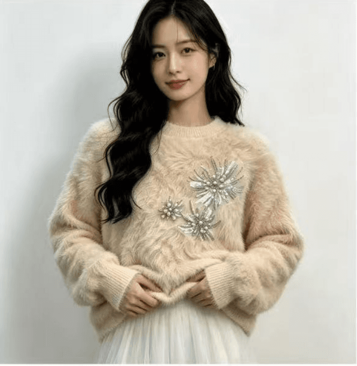 2026 이른 가을 새로운 한국 스타일 고급 센스 비즈 박기 모방 수달 털 라운드 넥 스웨터 몸매 가꾸기 슬림해 보이는 작은 대중 맨위 여성 상세 이미지 5