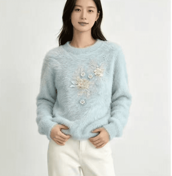 2026 이른 가을 새로운 한국 스타일 고급 센스 자수 모방 수달 털 라운드 넥 스웨터 몸매 가꾸기 슬림해 보이는 작은 대중 맨위 여성 이미지 2