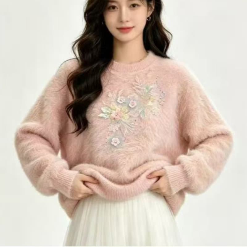 2026 이른 가을 새로운 한국 스타일 고급 센스 자수 모방 수달 털 라운드 넥 스웨터 몸매 가꾸기 슬림해 보이는 작은 대중 맨위 여성 이미지 5