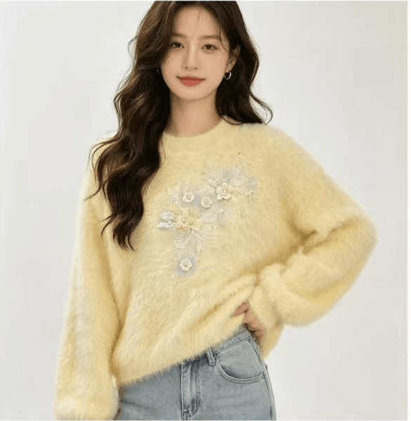 2026 이른 가을 새로운 한국 스타일 고급 센스 자수 모방 수달 털 라운드 넥 스웨터 몸매 가꾸기 슬림해 보이는 작은 대중 맨위 여성 상세 이미지 1