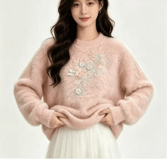 2026 이른 가을 새로운 한국 스타일 고급 센스 자수 모방 수달 털 라운드 넥 스웨터 몸매 가꾸기 슬림해 보이는 작은 대중 맨위 여성 상세 이미지 4