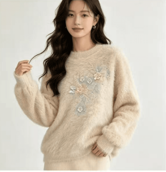 2026 이른 가을 새로운 한국 스타일 고급 센스 자수 모방 수달 털 라운드 넥 스웨터 몸매 가꾸기 슬림해 보이는 작은 대중 맨위 여성 상세 이미지 5