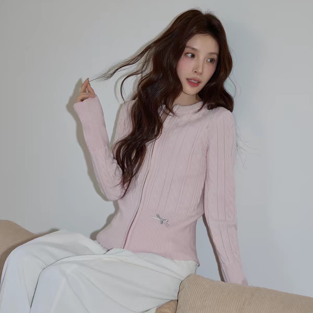 시끄러운 홈 한 부서 핑크색 라운드 넥 꽈배기 니트 오픈 가디건 여성 여름 캐주얼 몸매 가꾸기 에어컨 객실 지퍼 재킷 이미지 4