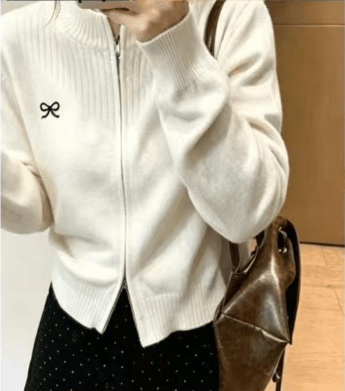 터틀넥 지퍼 스웨터 니트 오픈 가디건 나비 매듭 자수 슬림해 보이는 가을 겨울 품격 고급 센스 외부 가져 가라. 긴팔 여성 코트