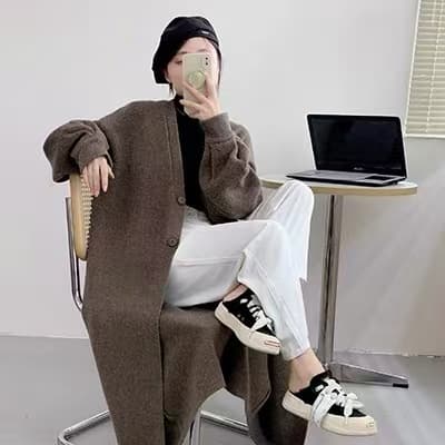 jy 가을 겨울 새로운 여성 두꺼운 V넥 롱 코트 싱글 줄 버튼 니트 오픈 가디건 루즈핏 느긋한 바람 스웨터 코트 단색 상세 이미지 7