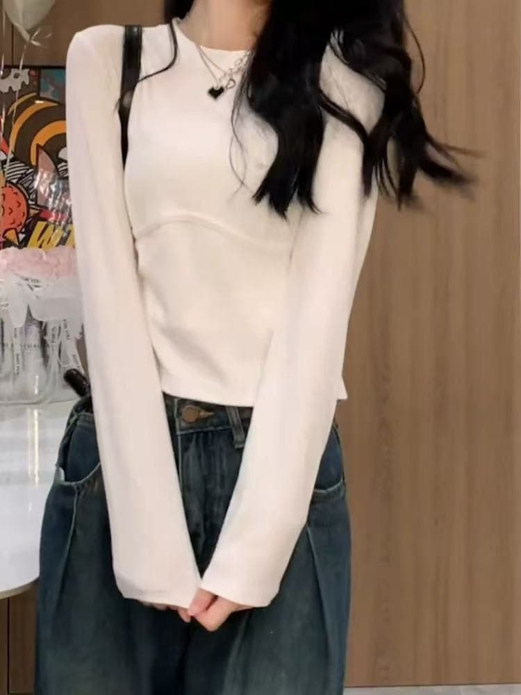 화이트 긴팔 비대칭 디자인 허리 수축 기본 셔츠 여성 몸매 가꾸기 슬림해 보이는 다용도 맨위 2026 봄 캐주얼 바람 상세 이미지 2
