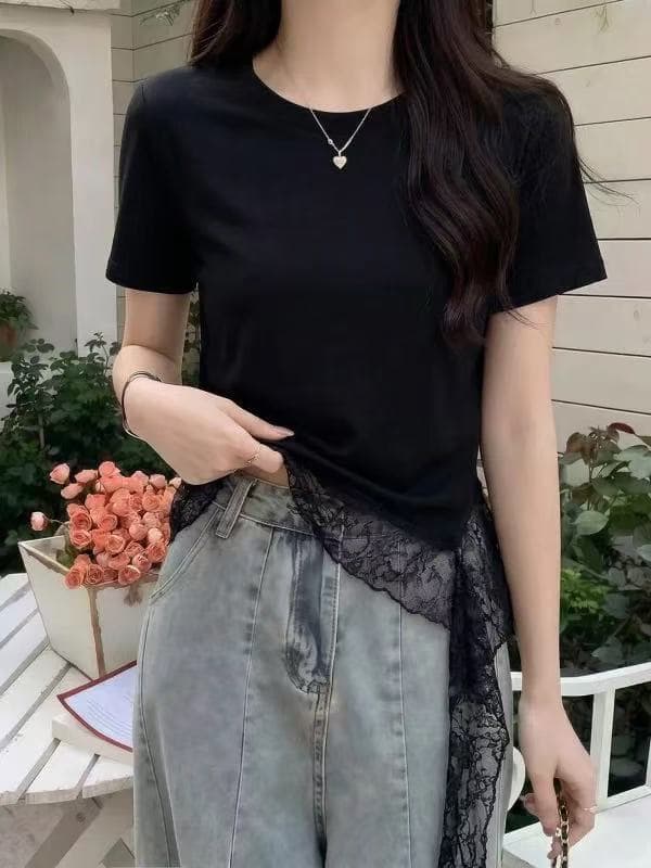 검정색 긍정적 인 어깨 반팔 티셔츠 여성 2026 새로운 여름 빅 사이즈 지방 mm 디자인 센스 레이스 리본 밑단 맨위 이미지 3