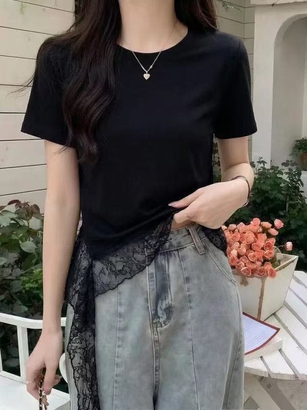 검정색 긍정적 인 어깨 반팔 티셔츠 여성 2026 새로운 여름 빅 사이즈 지방 mm 디자인 센스 레이스 리본 밑단 맨위 상세 이미지 2