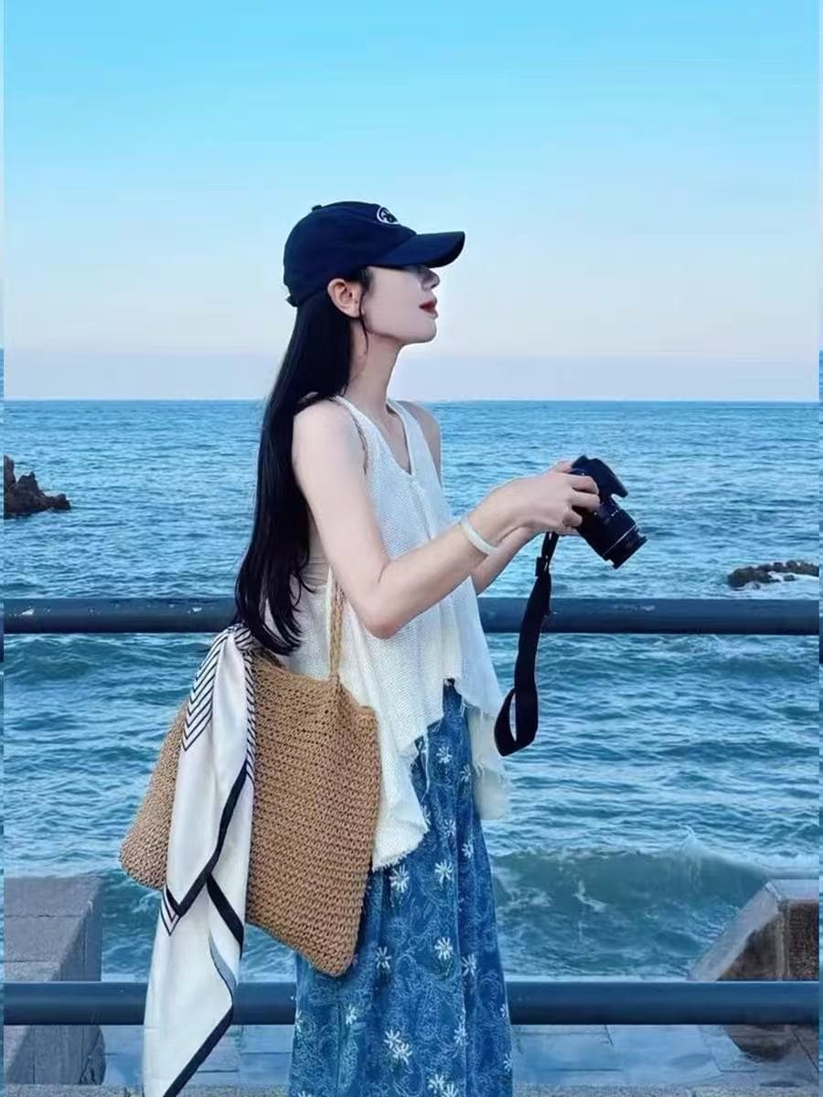 여름 드레스 휴가 바람 캐주얼 착용 가져 가라. 에이즈 환자 여성 세트 느슨함 센스 V넥 불규칙 조끼 와이드 레그 팬츠 투피스 슈트 이미지 3