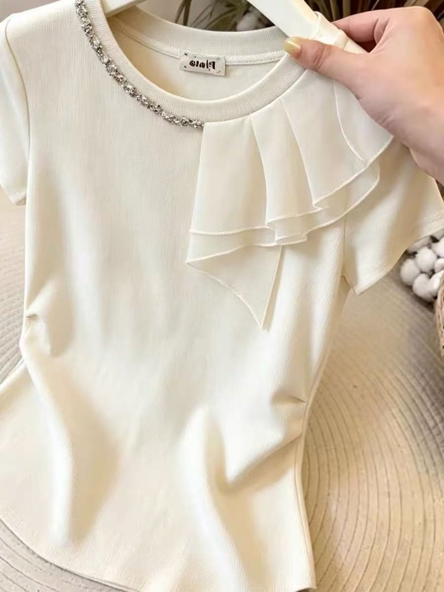 빛 럭셔리 바람 다이아몬드 세팅 레이스 화이트 반팔 티셔츠 여성 허리 수축 슬림해 보이는 품격 다용도 맨위 2026 여름 새로운 이미지 3