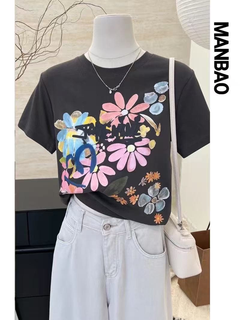 작은 대중 디자인 고급 센스 Chic 반팔 여성 아메리칸 새로운 수채화 긍정적 인 어깨 티셔츠 패션 다용도 외국 가스 맨위 상세 이미지 1