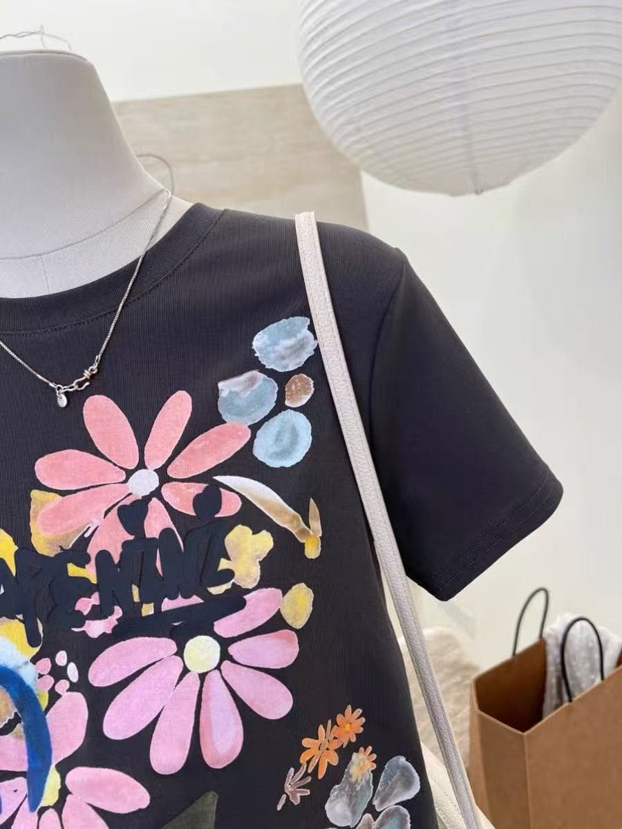 작은 대중 디자인 고급 센스 Chic 반팔 여성 아메리칸 새로운 수채화 긍정적 인 어깨 티셔츠 패션 다용도 외국 가스 맨위 상세 이미지 2