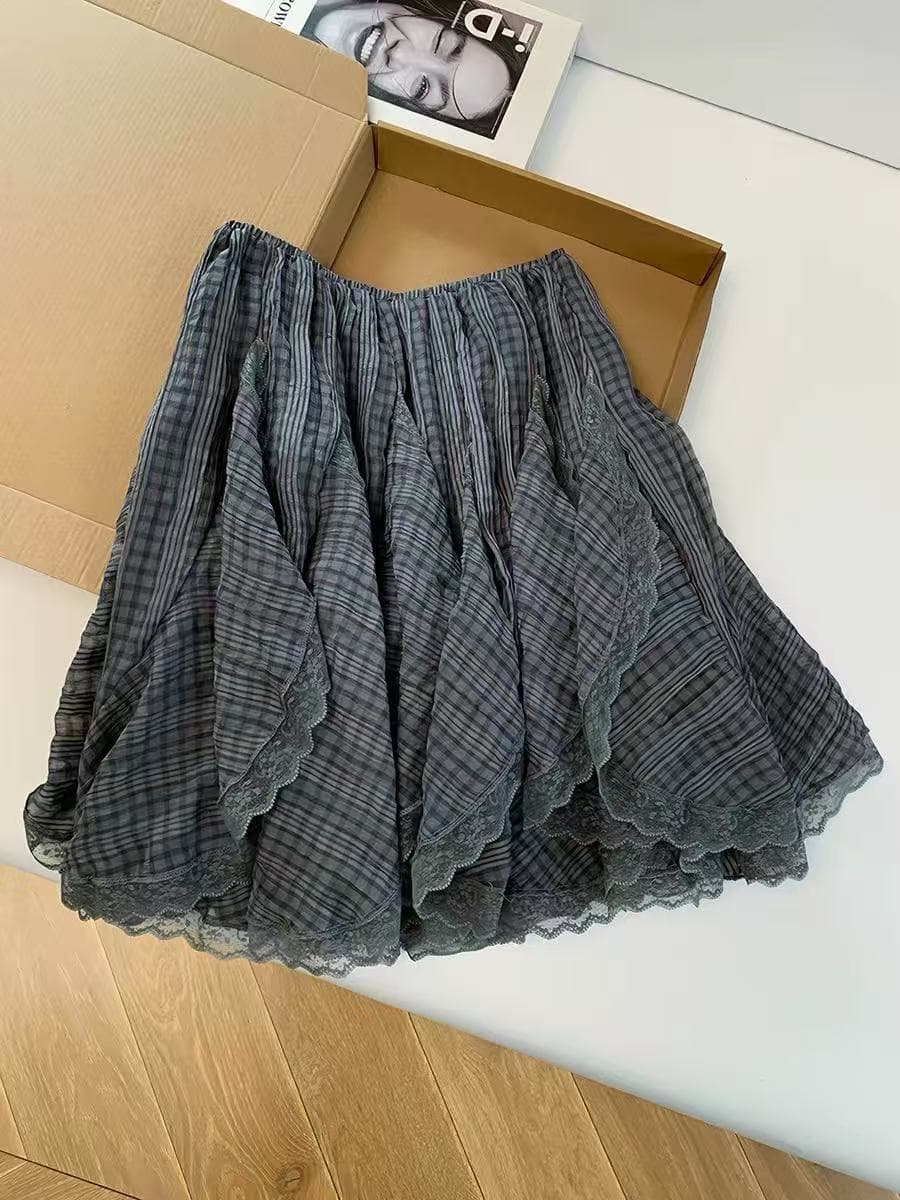 레트로 고급 센스 무거운 작업 레이스 레이스 체크무늬 반신 스커트 여성 여름 작은 키 부드러운 바람이 아닙니다. 규칙 미니 스커트 이미지 2
