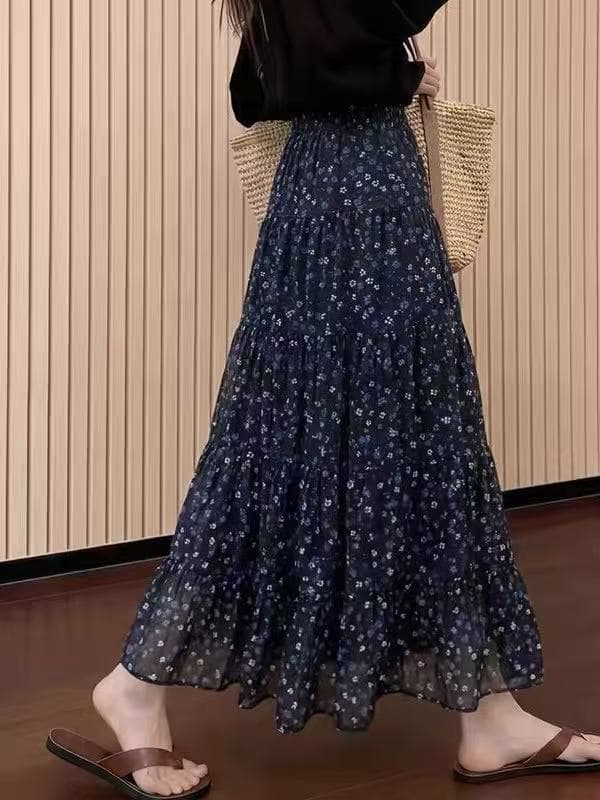 프랑스식 우아함 파란색 꽃무늬 반신 스커트 여성 여름 새로운 대 사이즈 루즈핏 하이웨이스트 슬림해 보이는 플리츠 롱 스커트
