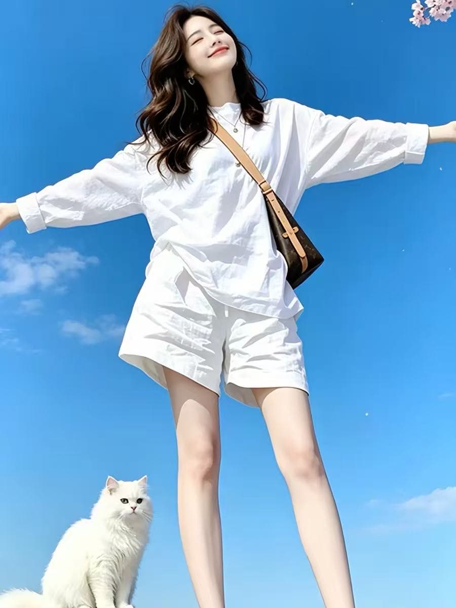 여름 느슨함 센스 아마 세트 여성 2026 년 화이트 라운드 넥 루즈핏 자외선 차단 셔츠 반바지 운동 투피스 세트