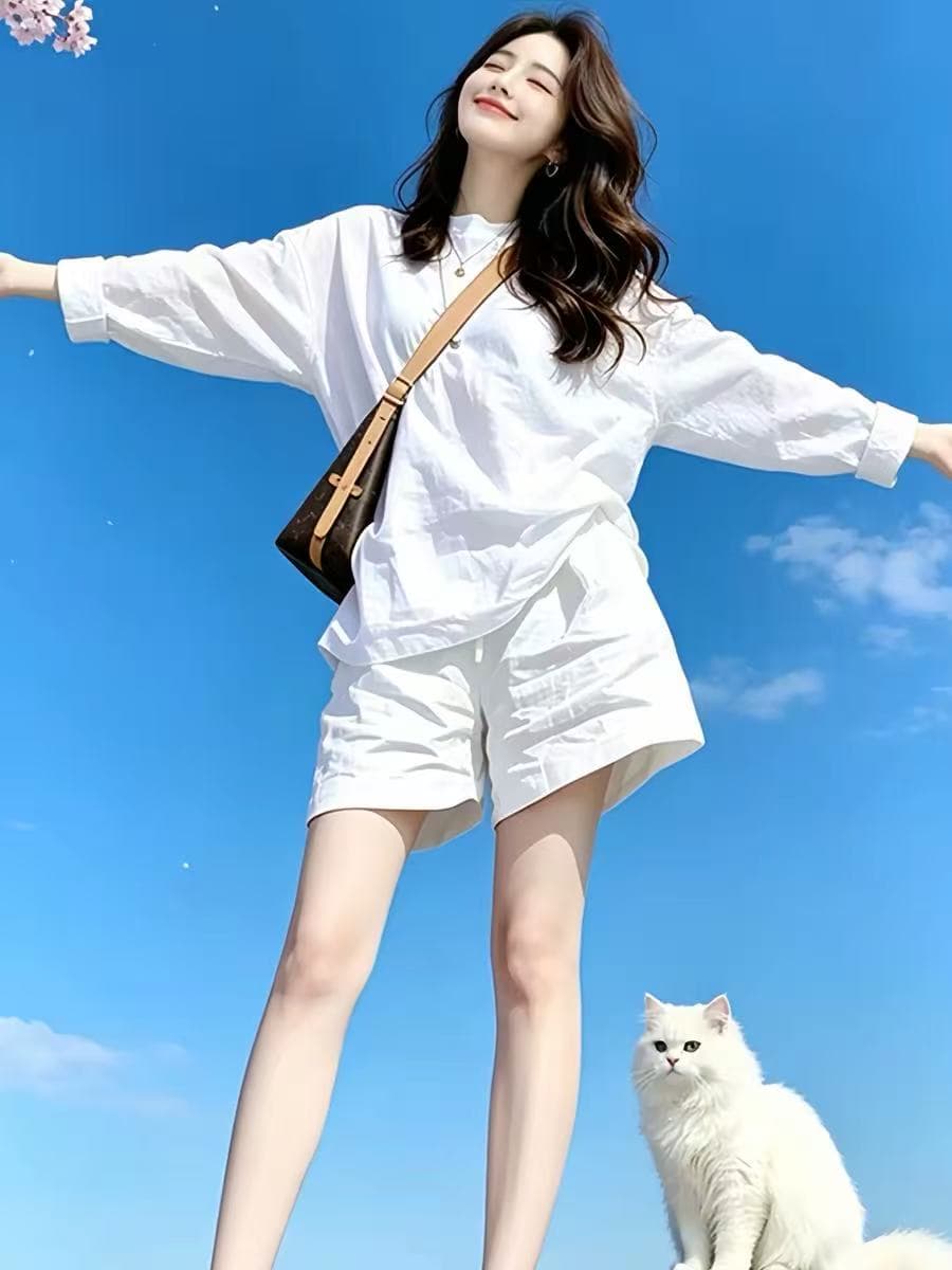 여름 느슨함 센스 아마 세트 여성 2026 년 화이트 라운드 넥 루즈핏 자외선 차단 셔츠 반바지 운동 투피스 세트 이미지 4