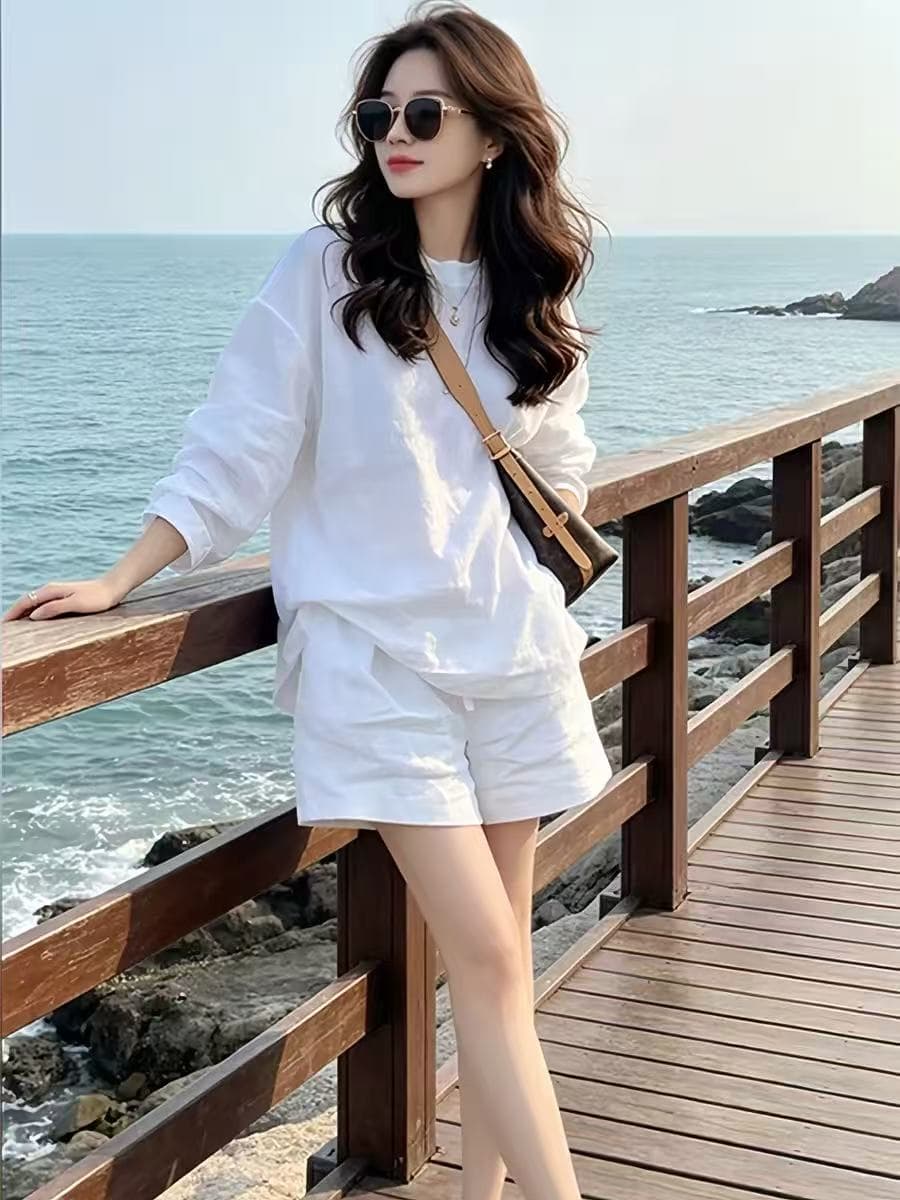 여름 느슨함 센스 아마 세트 여성 2026 년 화이트 라운드 넥 루즈핏 자외선 차단 셔츠 반바지 운동 투피스 세트 상세 이미지 2