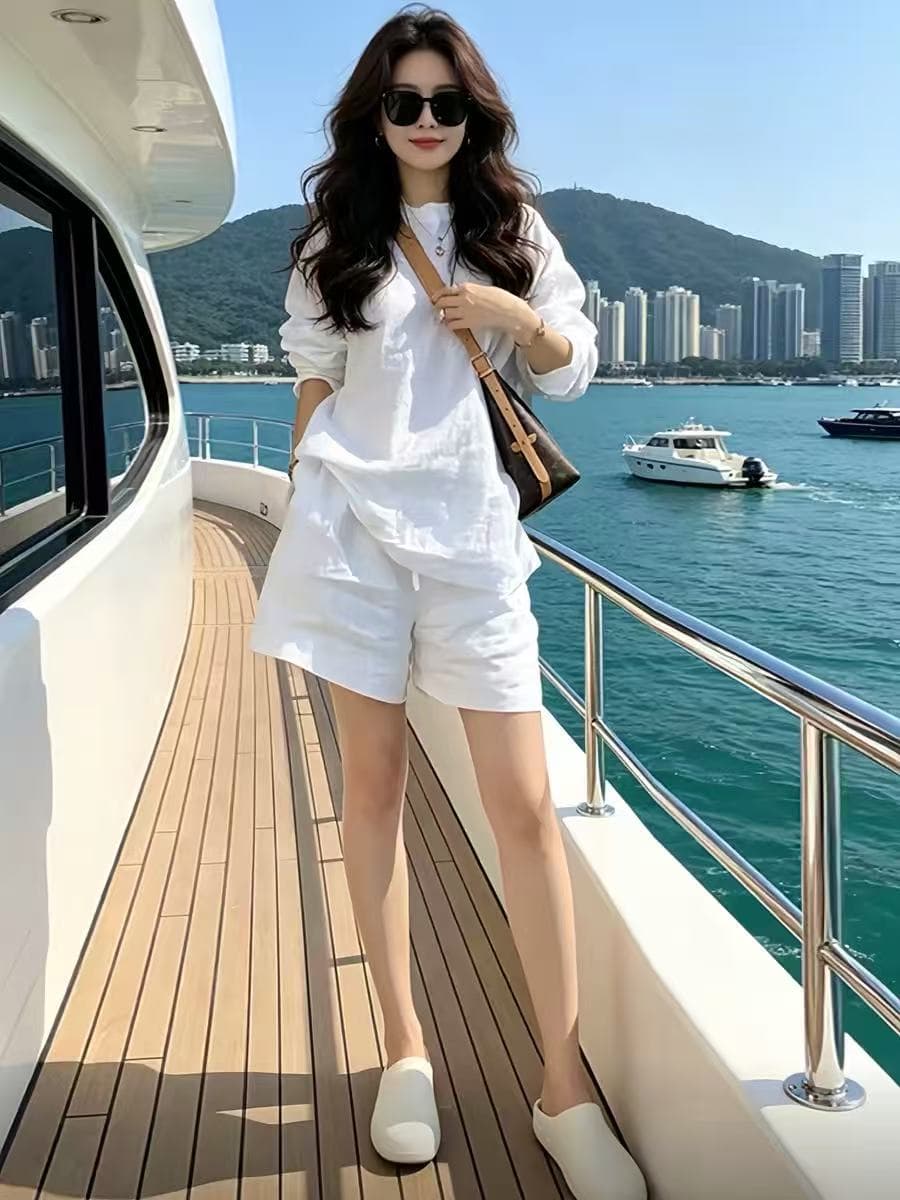 여름 느슨함 센스 아마 세트 여성 2026 년 화이트 라운드 넥 루즈핏 자외선 차단 셔츠 반바지 운동 투피스 세트 상세 이미지 3