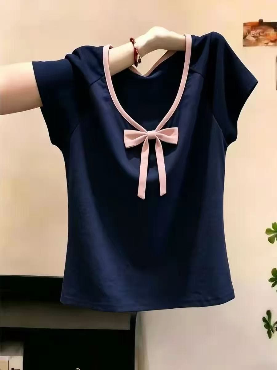 프랑스식 달콤한 스타일 나비 매듭 V넥 반팔 티셔츠 여성 여름 블루 색상 자이언트 디스플레이 화이트 고유 한 슬림해 보이는 연령 감소 맨위 트렌디