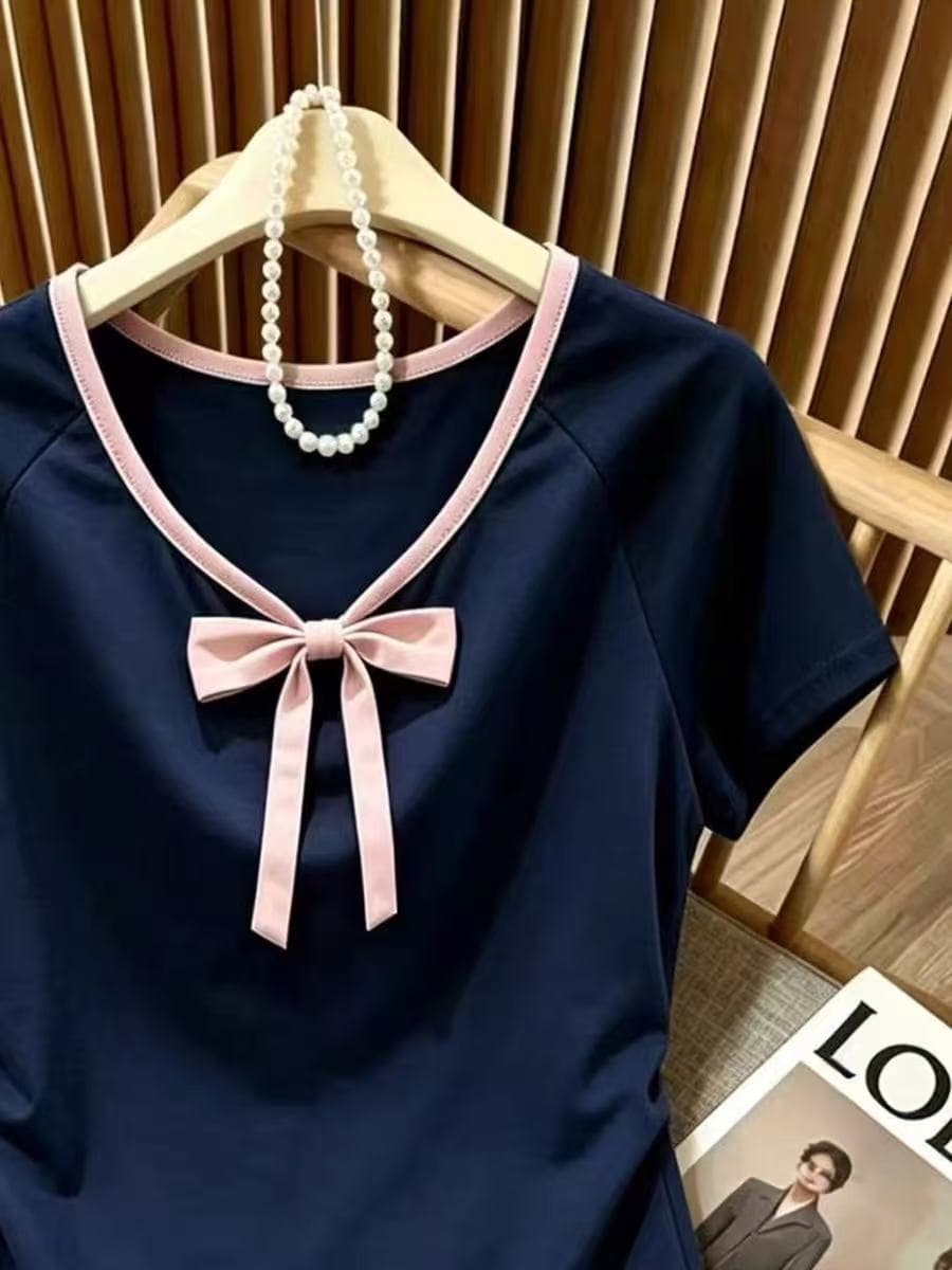 프랑스식 달콤한 스타일 나비 매듭 V넥 반팔 티셔츠 여성 여름 블루 색상 자이언트 디스플레이 화이트 고유 한 슬림해 보이는 연령 감소 맨위 트렌디 상세 이미지 5
