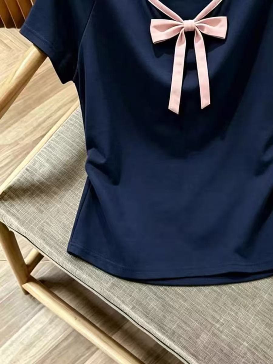 프랑스식 달콤한 스타일 나비 매듭 V넥 반팔 티셔츠 여성 여름 블루 색상 자이언트 디스플레이 화이트 고유 한 슬림해 보이는 연령 감소 맨위 트렌디 상세 이미지 6