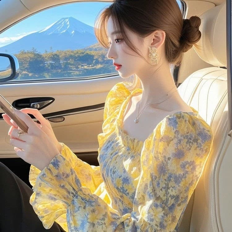 도파민 황색 꽃무늬 쉬폰 셔츠 맨위 여성 가을 2026 새로운 고유 한 Chic 아름다운 외국 가스 작은 셔츠 상세 이미지 5