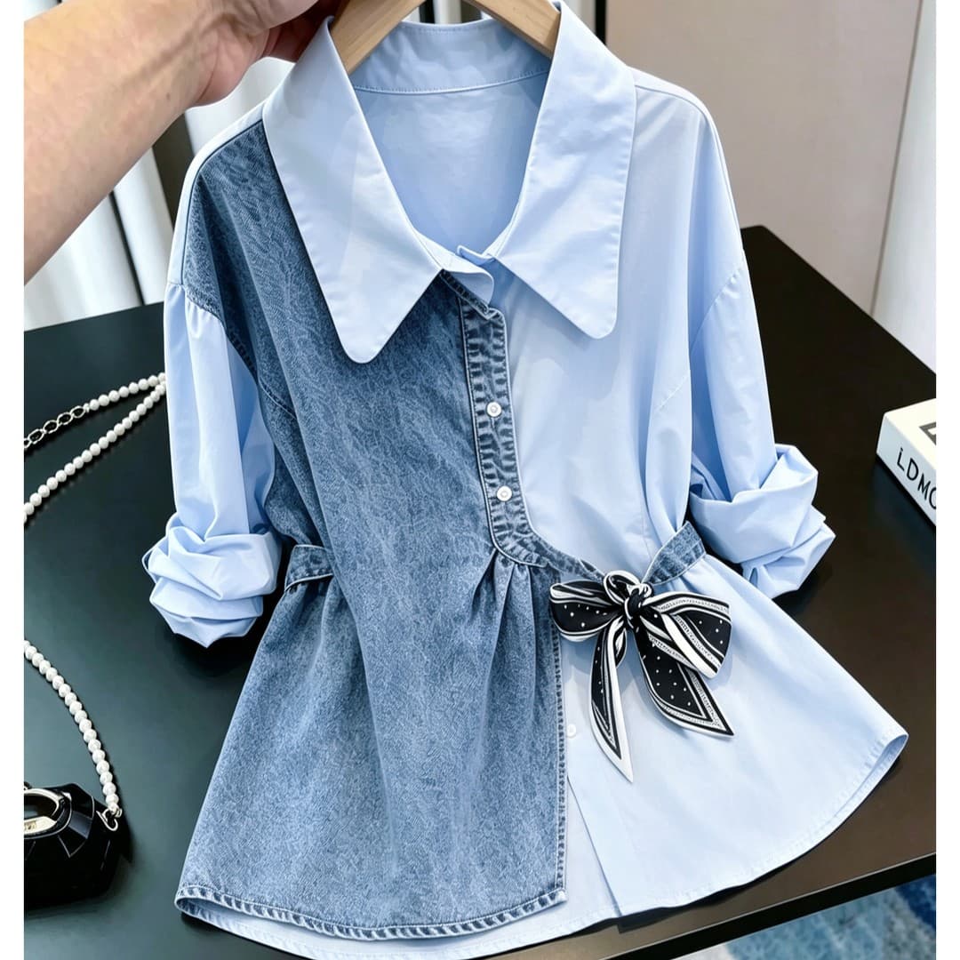 2026 새로운 폴로 칼라 셔츠 여성 나비 매듭 벨트 허리 수축 루즈핏 느긋한 바람 작은 키 일상 품격 다용도 이미지 5