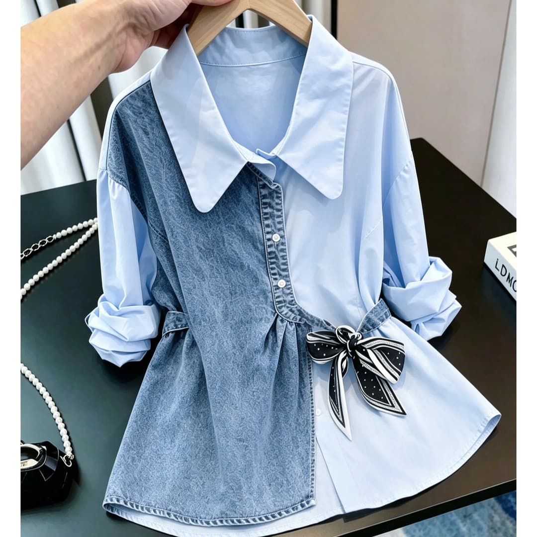 2026 새로운 폴로 칼라 셔츠 여성 나비 매듭 벨트 허리 수축 루즈핏 느긋한 바람 작은 키 일상 품격 다용도