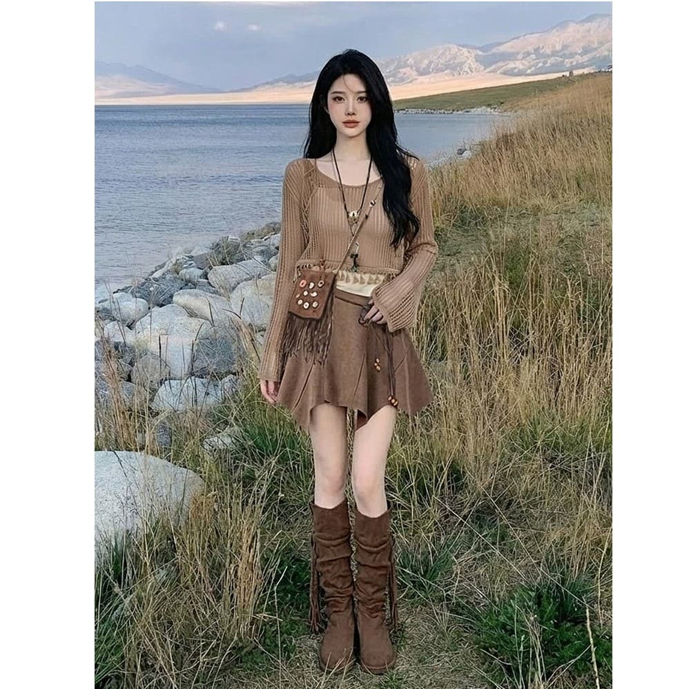 초원 여행 착용 가져 가라. 보헤미안 민족 스타일 세트 드레스 여성 여름 아름다움 라드. 핫걸 짧은 치마 상세 이미지 2