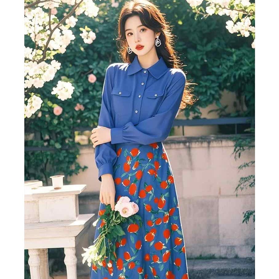새로운 봄 여름 고급 여성 의류 아름다운 아름다운 패션 품격 셔츠 반신 치마 세트 이미지 4