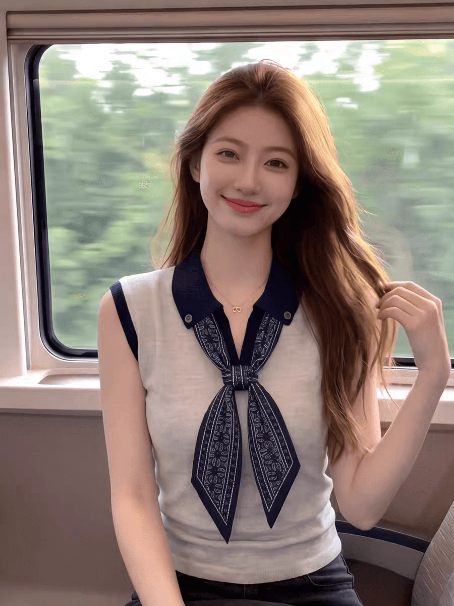 패션 배색 스카프 POLO 칼라 니트 조끼 여성 2026 여름 새로운 외출용 민소매 티셔츠 다용도 맨위 상세 이미지 2