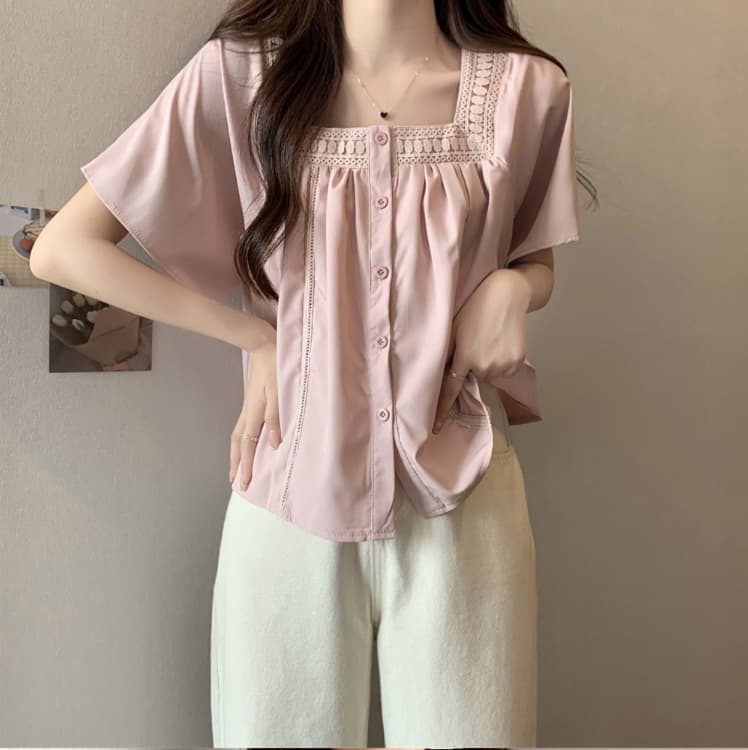 프랑스식 광장 칼라 연령 감소 인형 셔츠 여성 얇은 스타일 여름 마이크로 지방 빅 사이즈 슬림해 보이는 맨위 패치워크 홀로우 아웃 반팔 셔츠 이미지 3