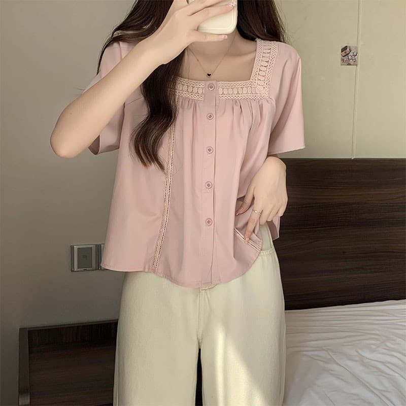 프랑스식 광장 칼라 연령 감소 인형 셔츠 여성 얇은 스타일 여름 마이크로 지방 빅 사이즈 슬림해 보이는 맨위 패치워크 홀로우 아웃 반팔 셔츠 상세 이미지 2