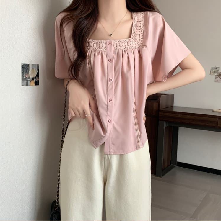 프랑스식 광장 칼라 연령 감소 인형 셔츠 여성 얇은 스타일 여름 마이크로 지방 빅 사이즈 슬림해 보이는 맨위 패치워크 홀로우 아웃 반팔 셔츠 상세 이미지 6