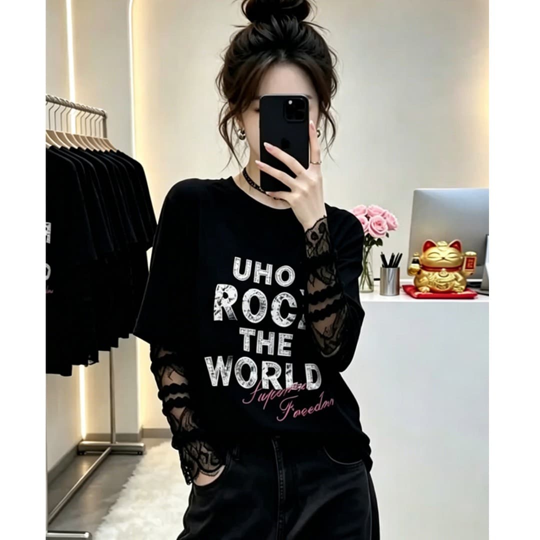 한 부서 슈퍼 잘 생긴 맨위 패션 2026 새로운 디자인 센스 검정색 알파벳 프린트 페이크 레이어드 티셔츠 여성 여름 상세 이미지 1