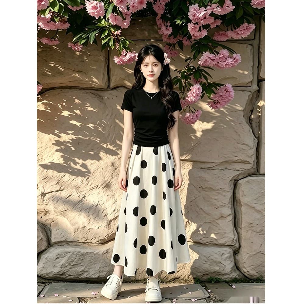 작은 여름 켜기 새로운 천 금빛 바람 세트 여성 레저 몸매 가꾸기 맨위 코디 도트 무늬 우아함 반신 스커트 투피스 세트 이미지 2