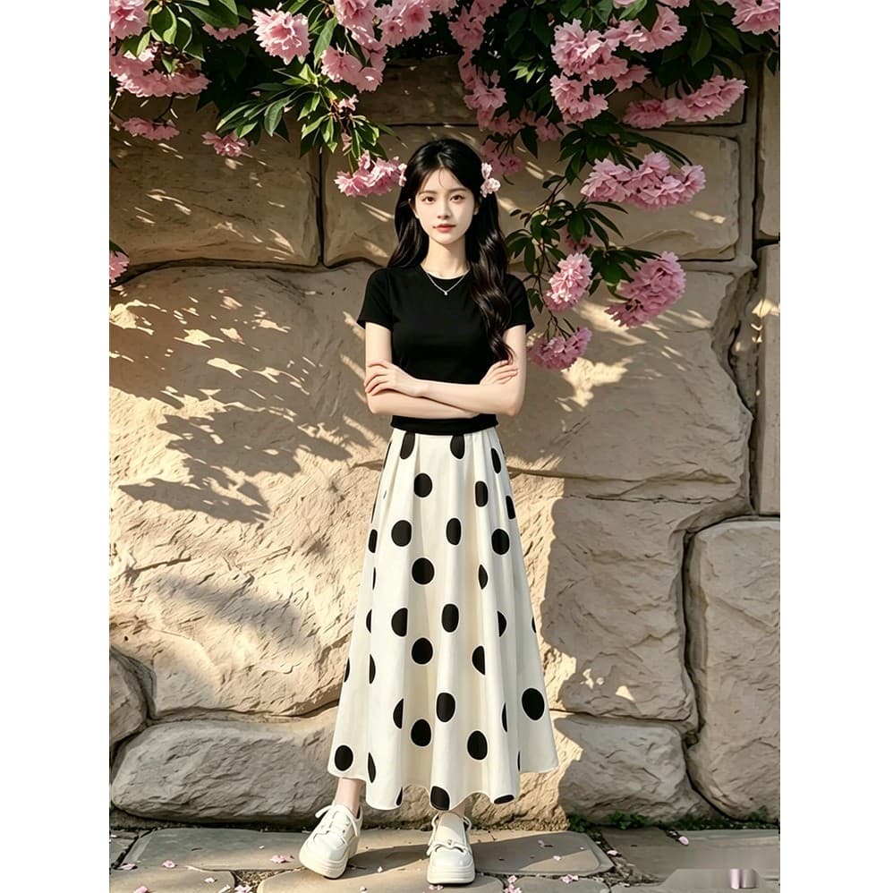 작은 여름 켜기 새로운 천 금빛 바람 세트 여성 레저 몸매 가꾸기 맨위 코디 도트 무늬 우아함 반신 스커트 투피스 세트 이미지 5
